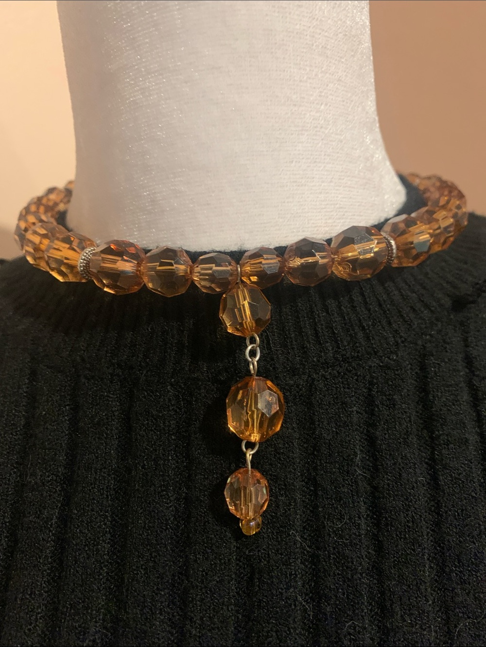 Amber Beaded Choker Necklace with Dangle Accent